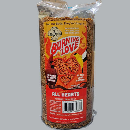 Cylinder of bird seed with Burning Love on orange and yellow label