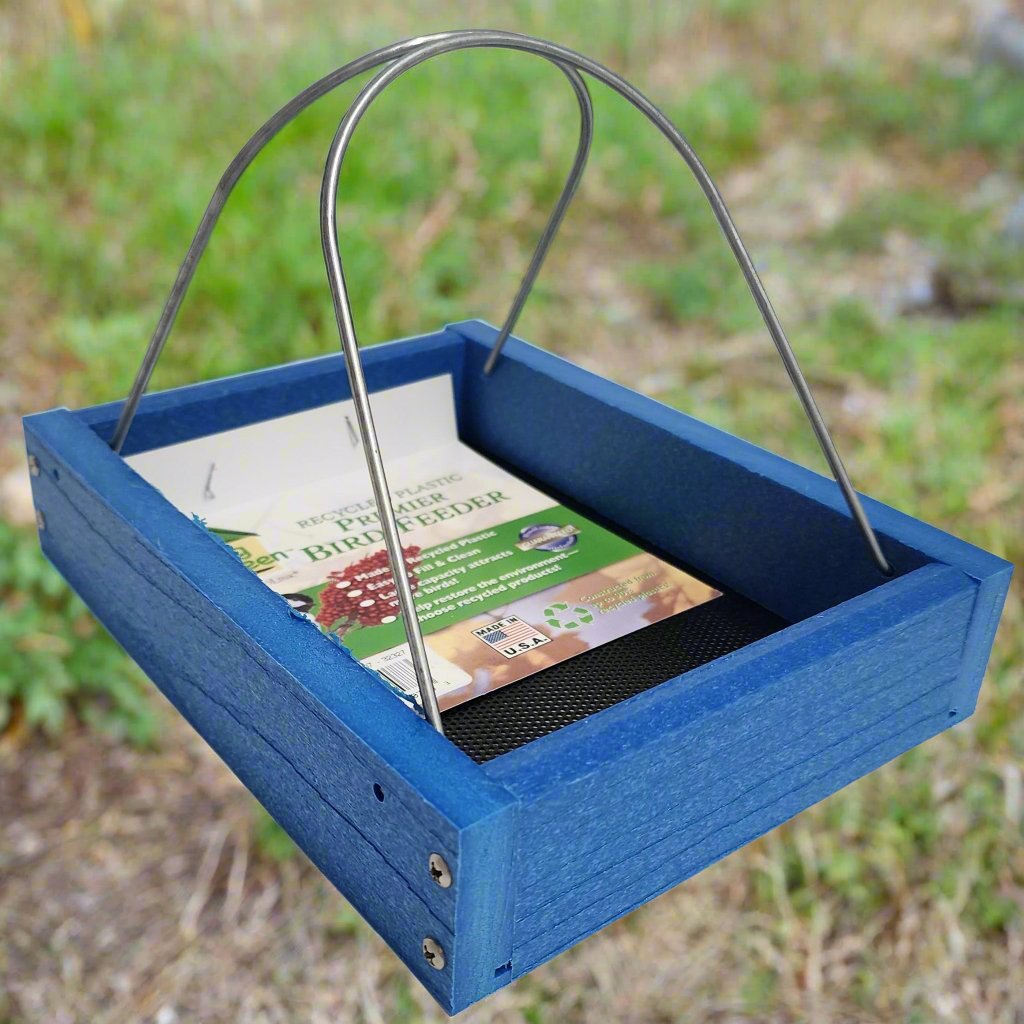 Blue bird feeder with silver wire