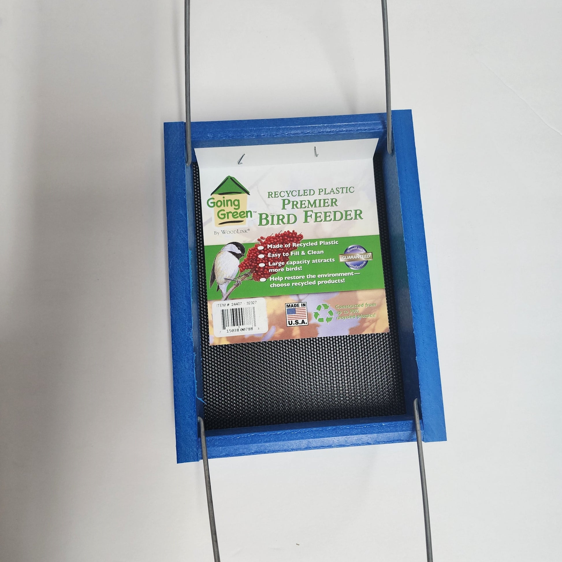 Blue square tray feeder with black screen bottom and two silver hanging rods