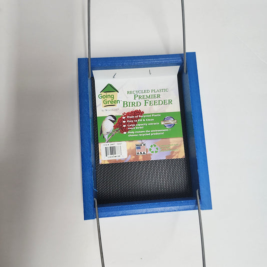 Blue square tray feeder with black screen bottom and two silver hanging rods