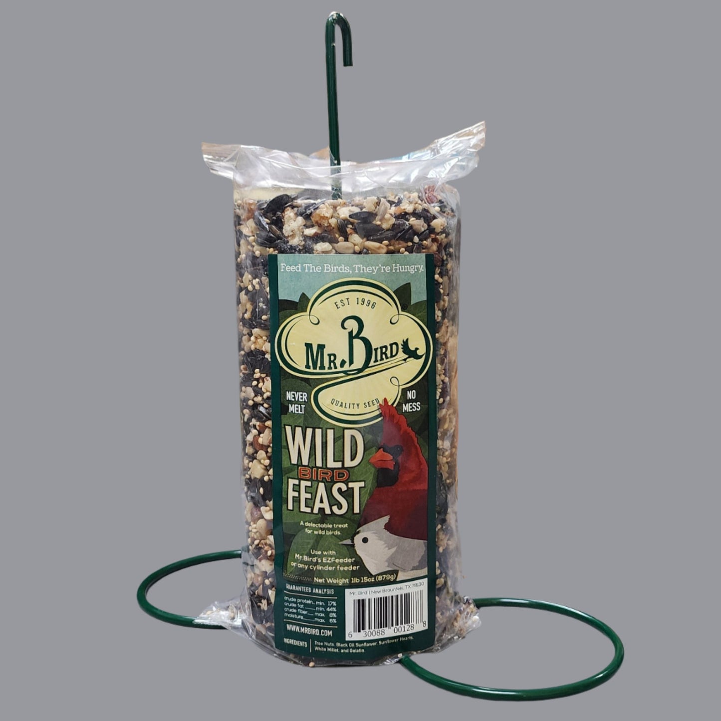 Coated green wire hanger wih Mr. Bird Wild Bird Feast Cylinder