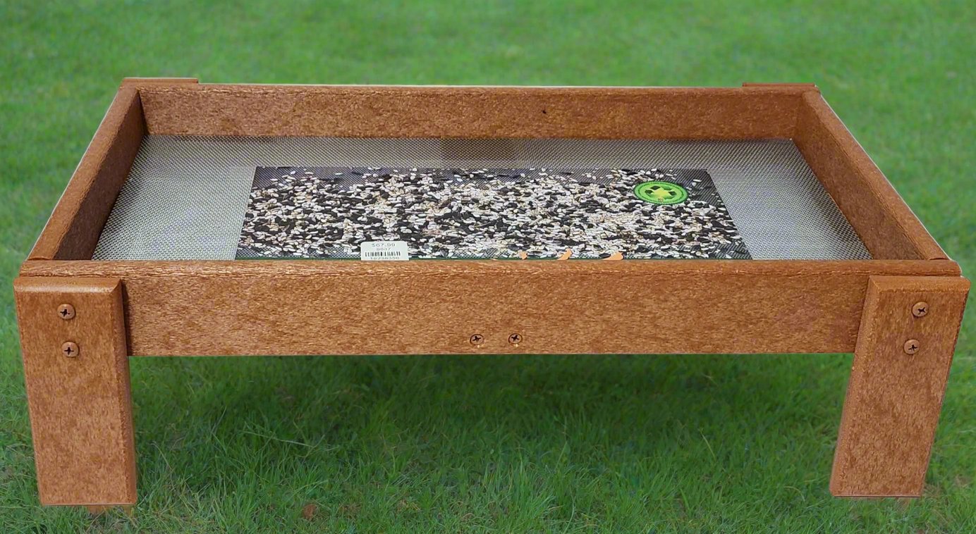 tan recycle material tray with four legs and metal screen