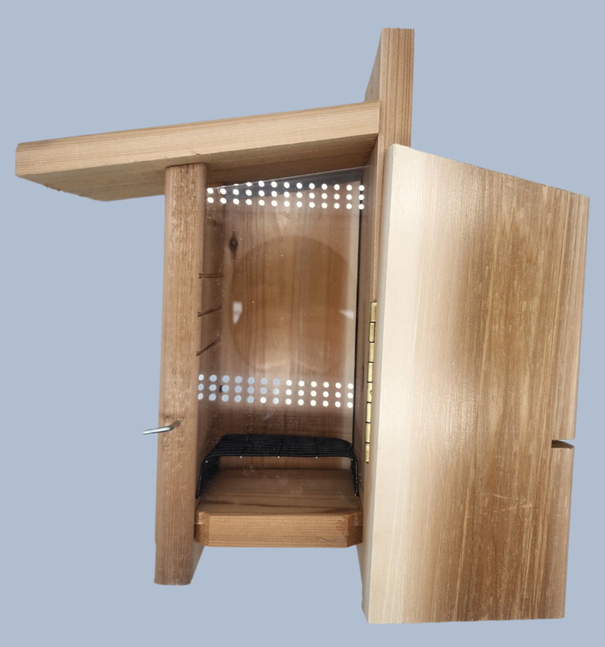 Wood bird house with side door open