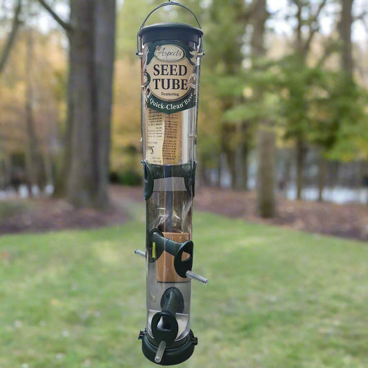 Seed tube feeder with green roof, base and perches