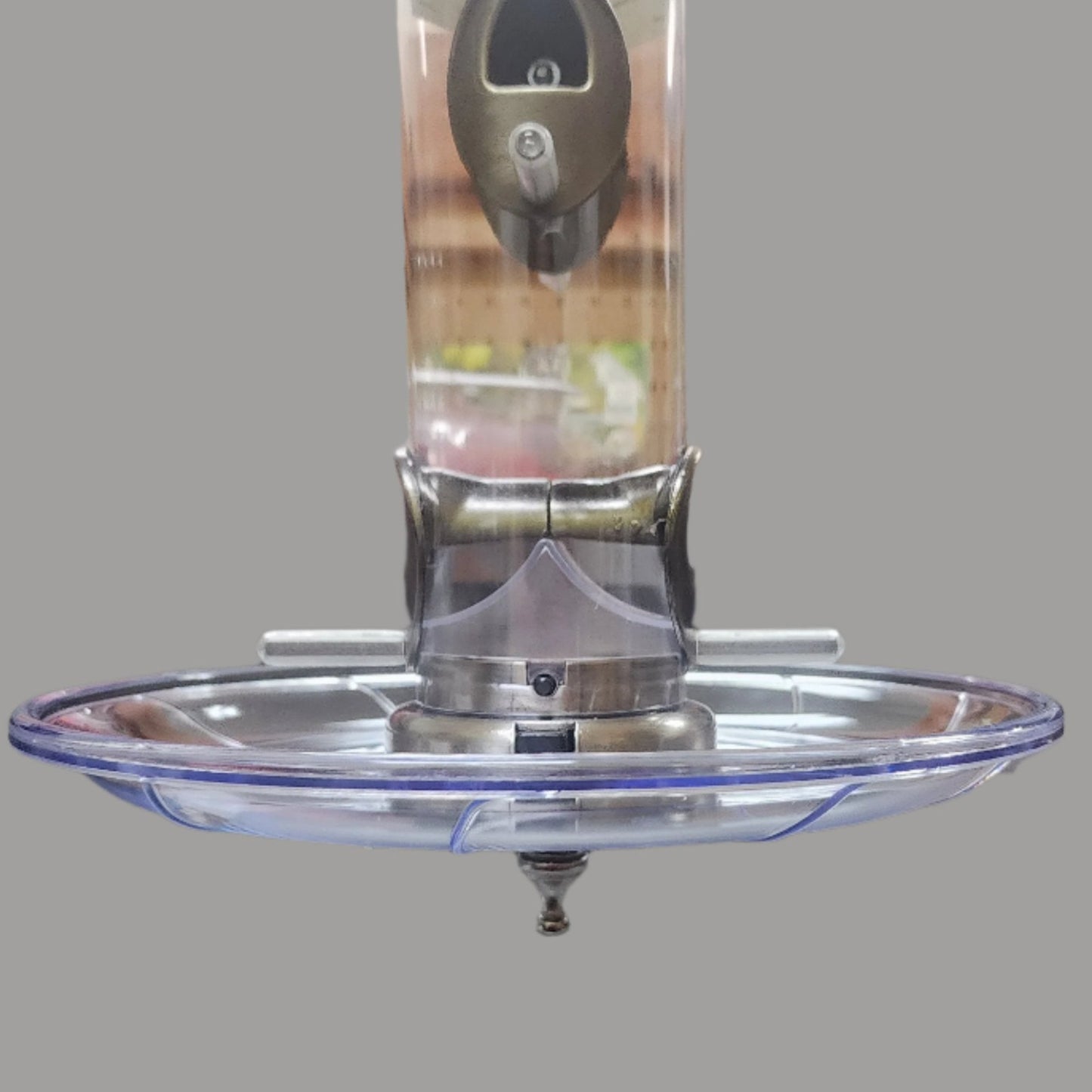 Clear tray on tube feeder with brushed nickel ports and finial