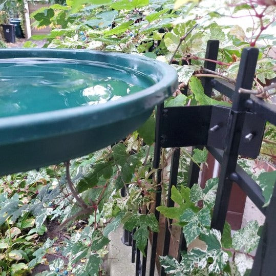 Green bird bath attached to iron fence