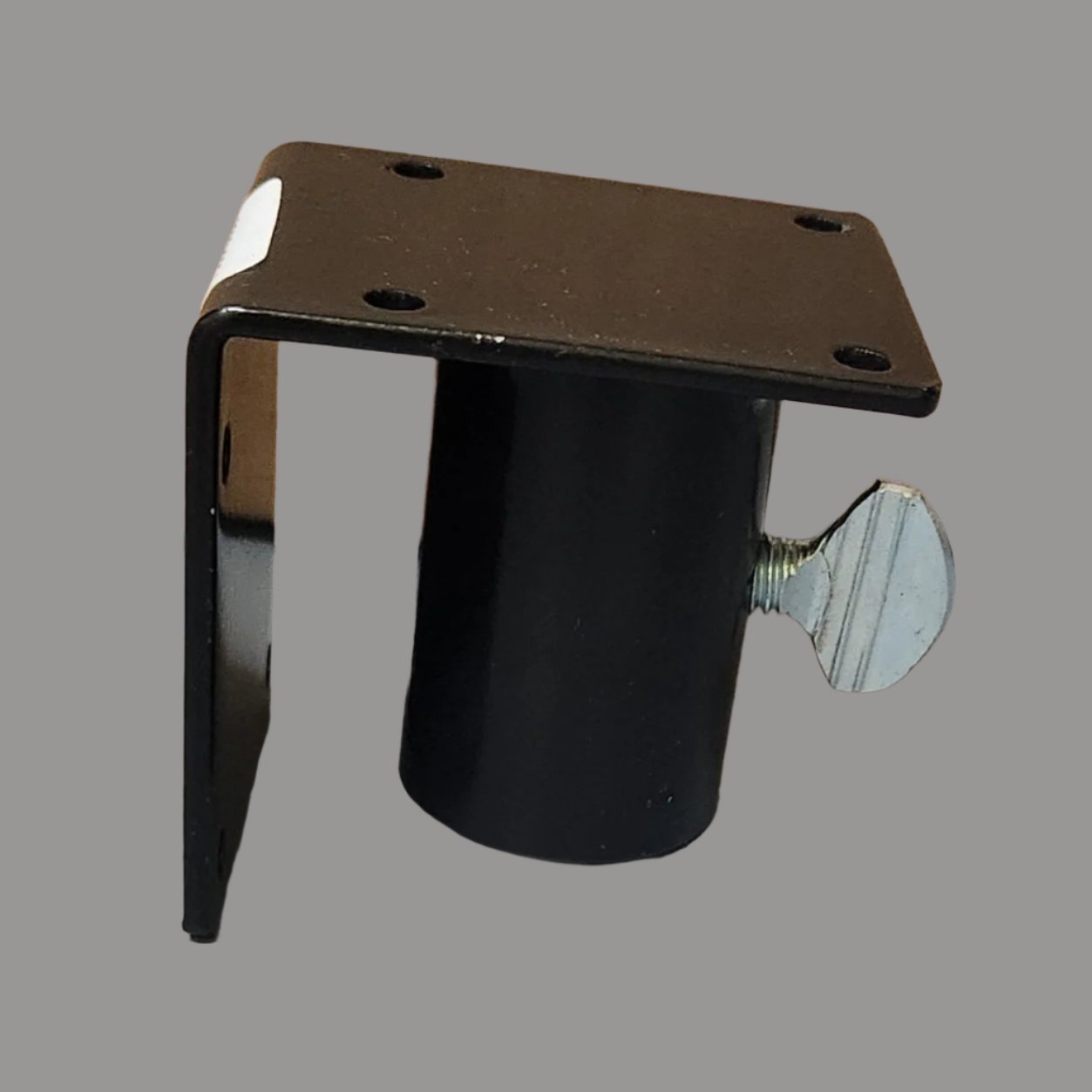 Black metal adapter with silver wing nut