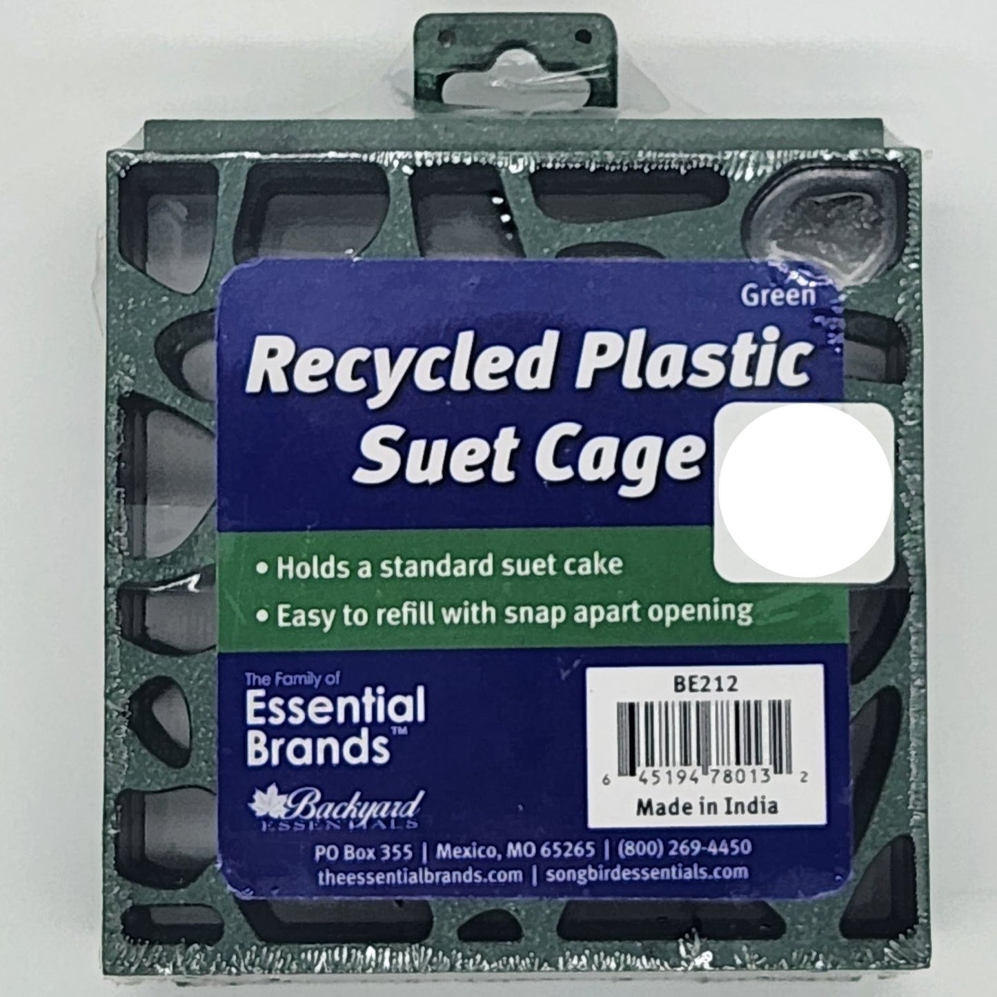 Green suet feeder with Recycled Plastic suet cage label