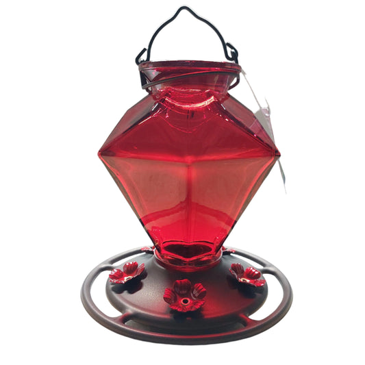 Red Diamond shaped hummingbird feeder with dark base and red flowers