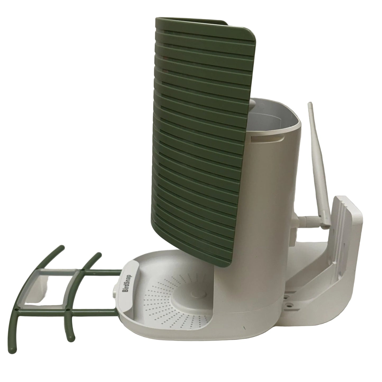 White and green electronic camera bird feeder on a white surface