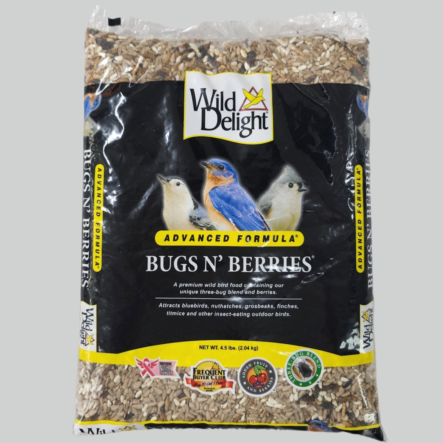 Bag of bird seed with Bugs N' Berries on black and yellow label