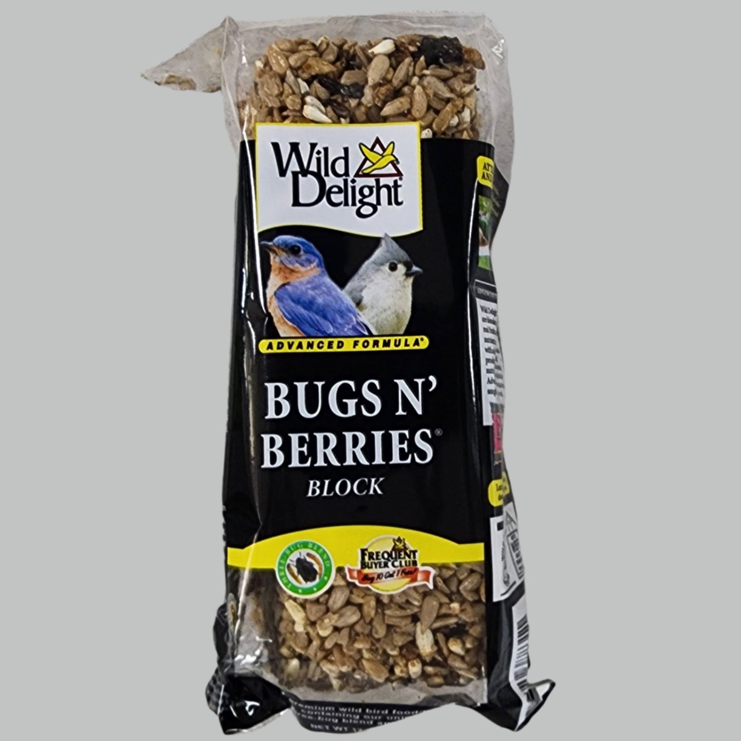 Block of bird seed with Bugs N' Berries label