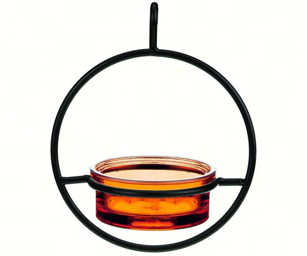 black metal circle with orange glass dish