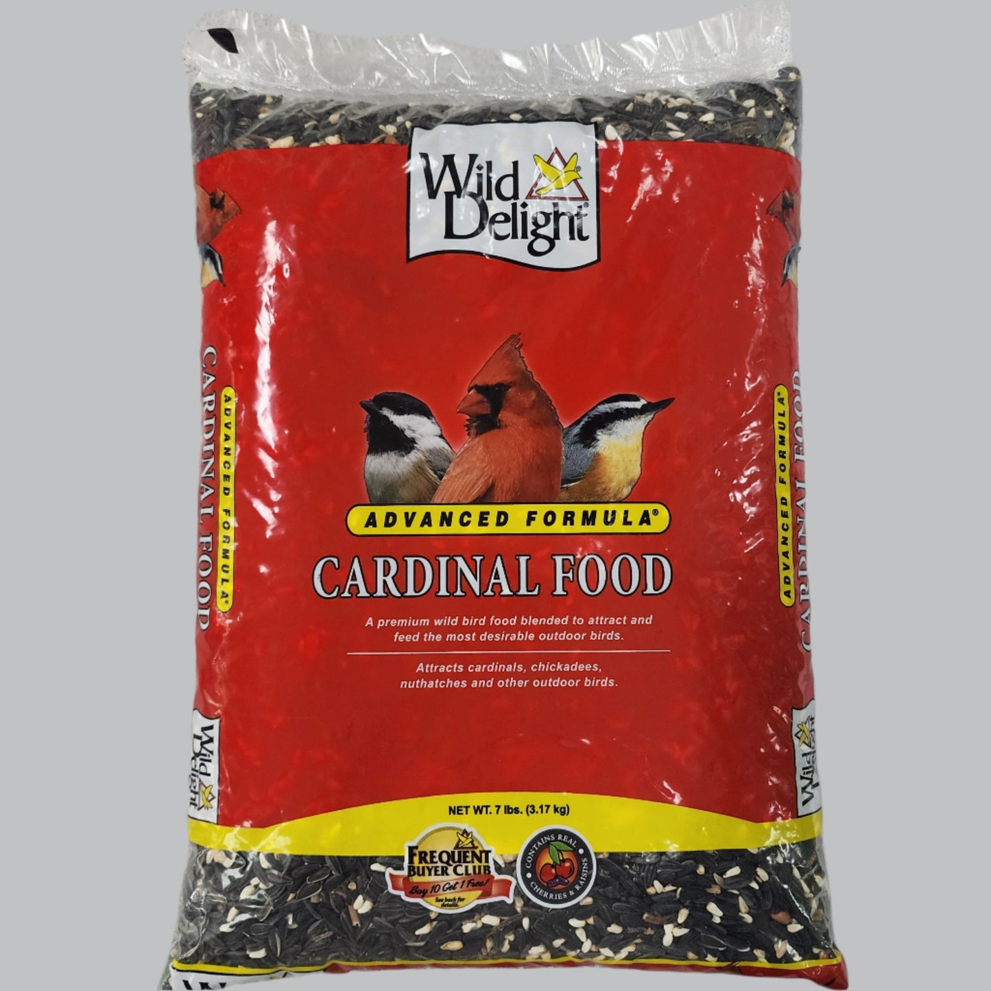 Bag of bird seed with Cardinal Fook on red and yellow label