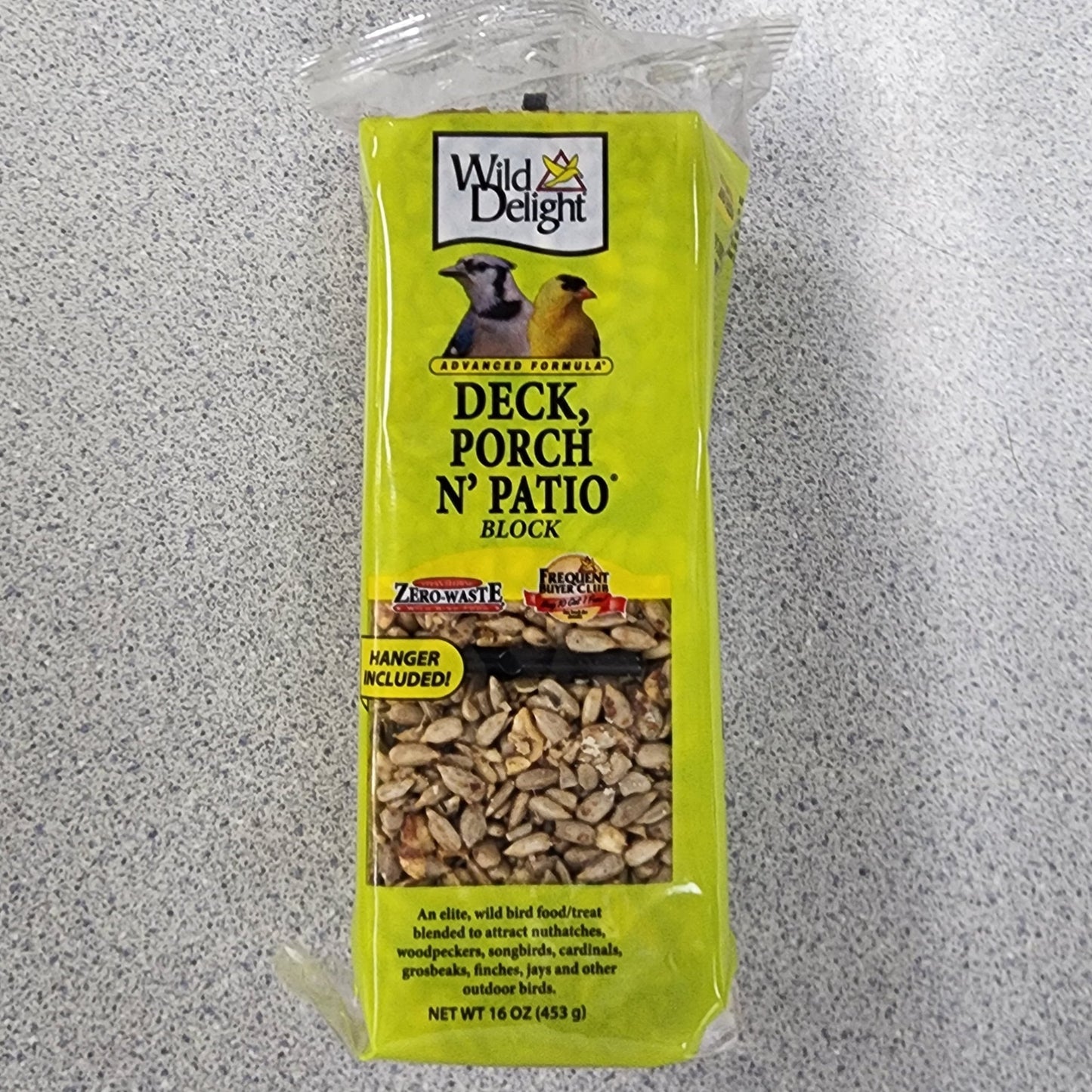 Bird seed block with Deck, Porch N' Patio on a green label