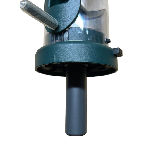 Clear bird feeder with green ports and bas with a gray pole adapter