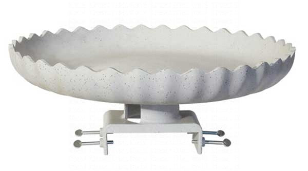 Light gray scalloped edge bird bath with deck railing bracket