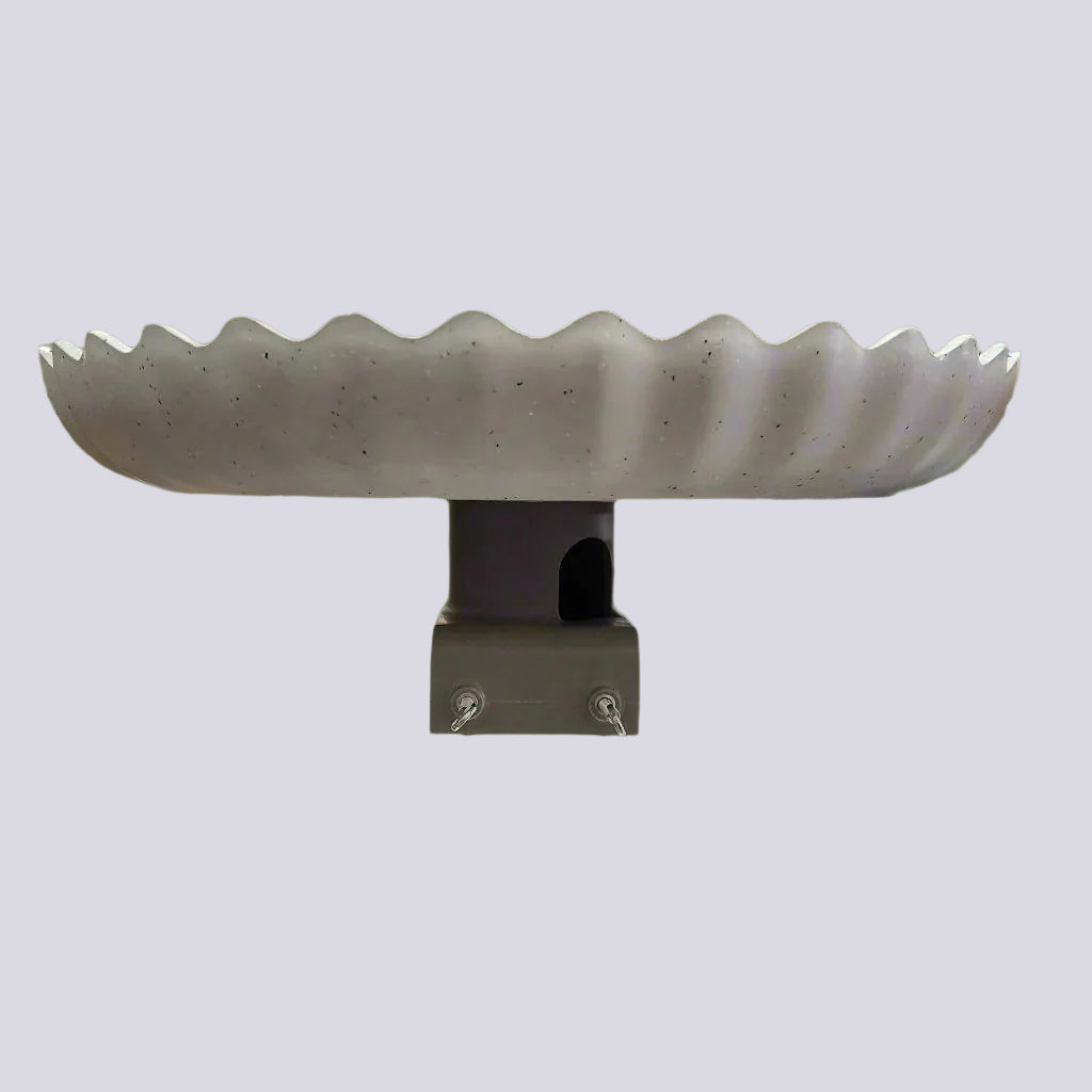 grey scalloped edge bird bath with mounting saddle