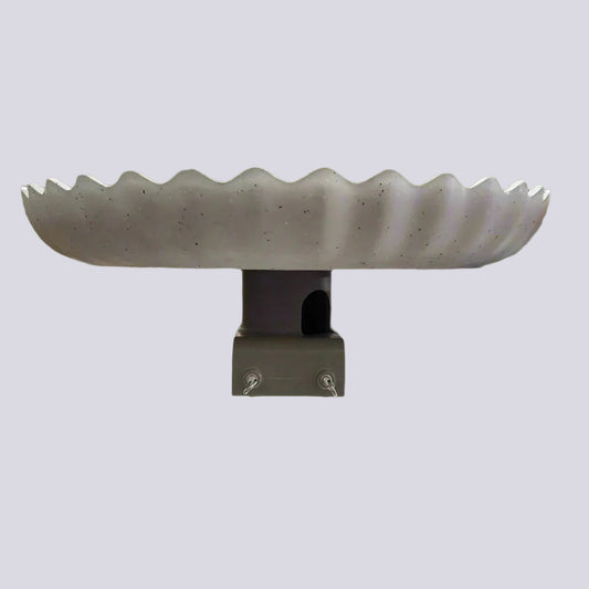 grey scalloped edge bird bath with mounting saddle