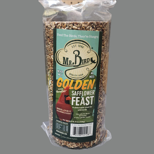 Cylinder of birdseed with Golden Safflower Feast on label
