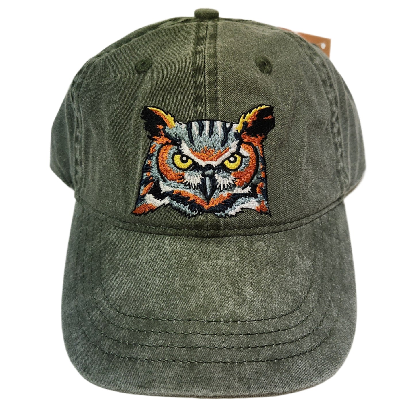Green ball cap with Great Horned Owl Face