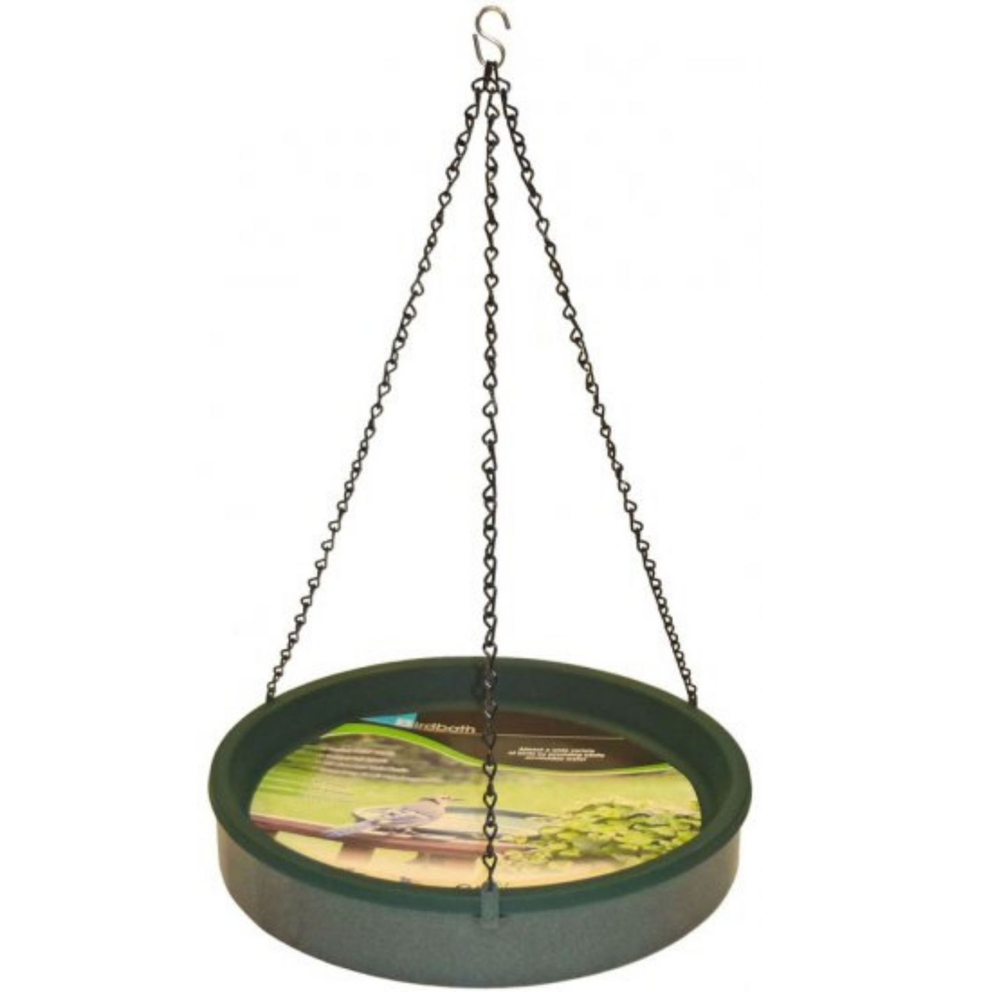 Green bird bath with black hanging chains