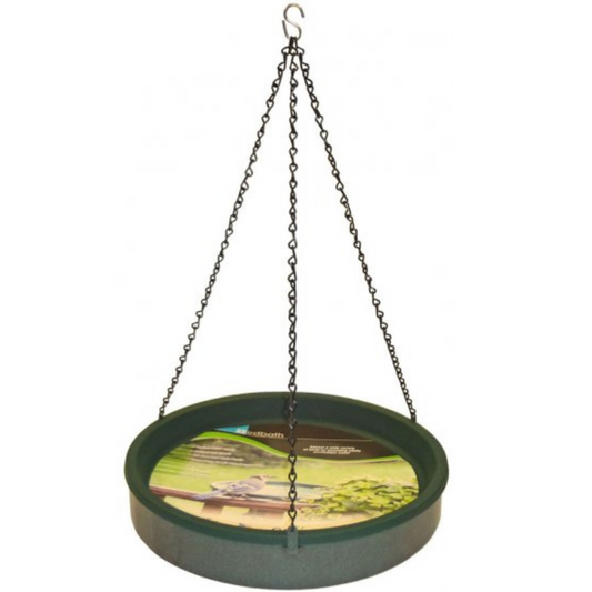 Green bird bath with black hanging chains