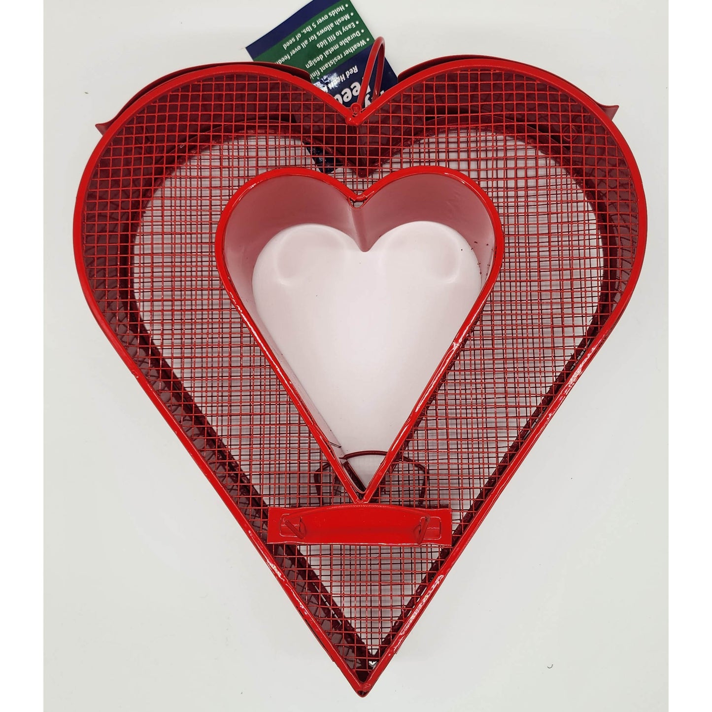Red heart-shaped wire mesh bird feeder
