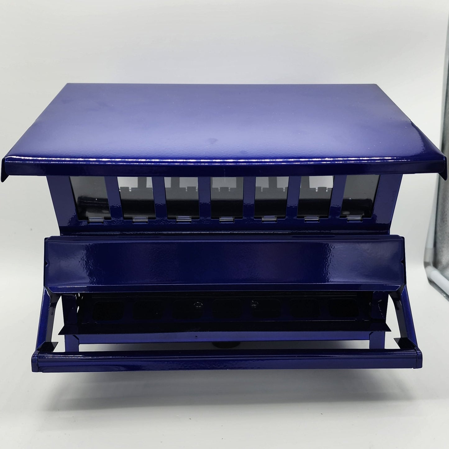 Blue bird feeder with clear windows