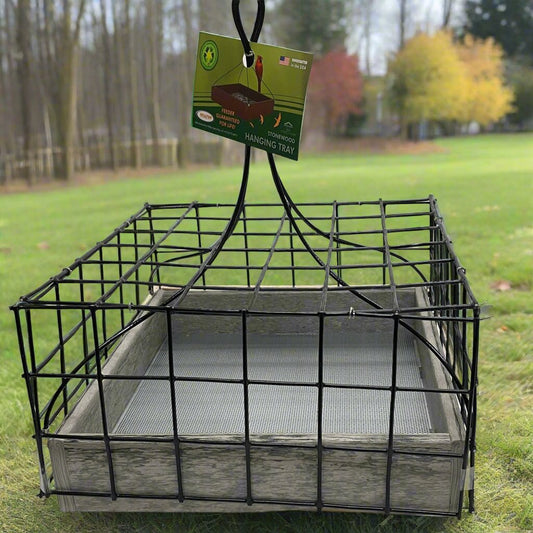 Gray Hanging Tray feeder with black dove guard