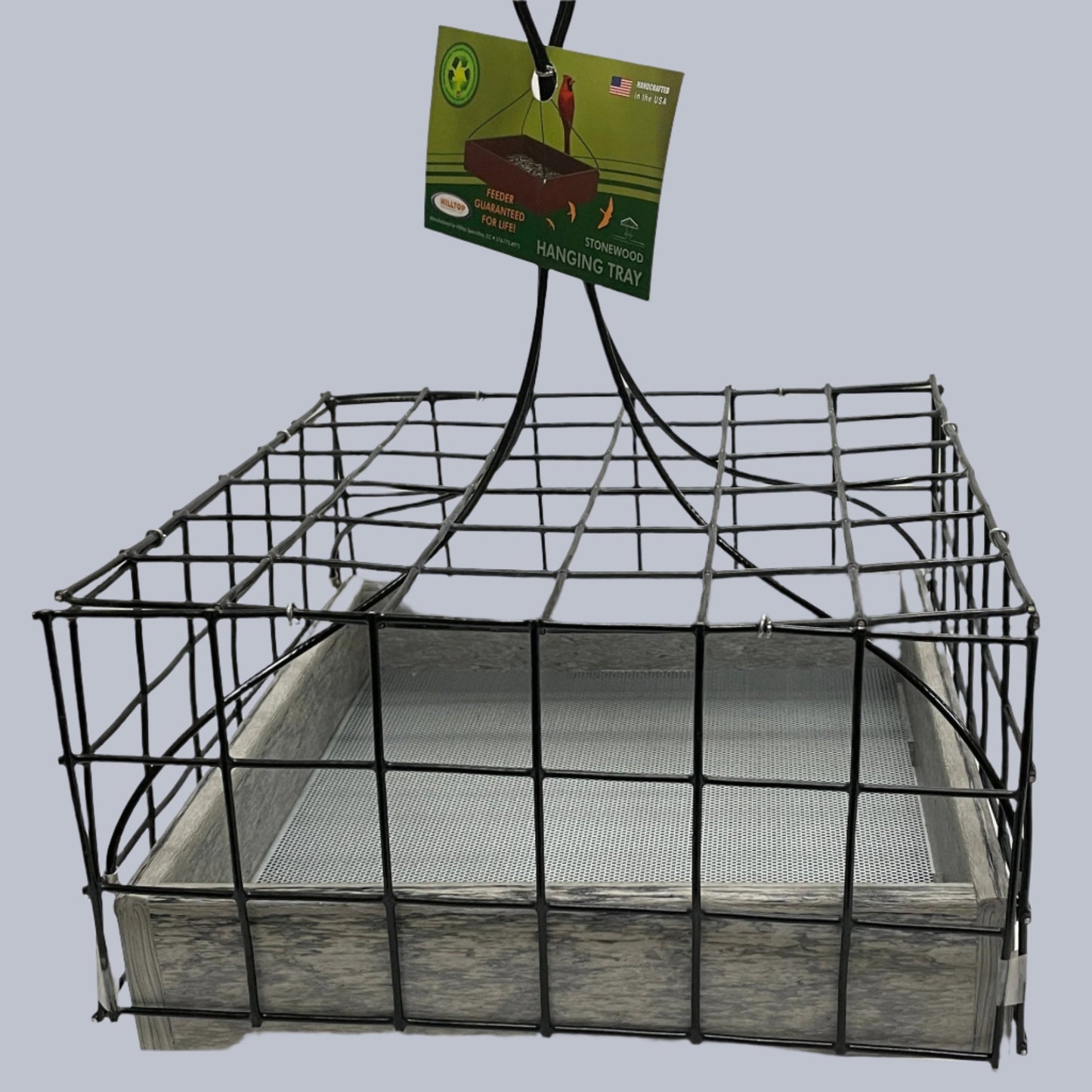 gray tray with black wire dove cage