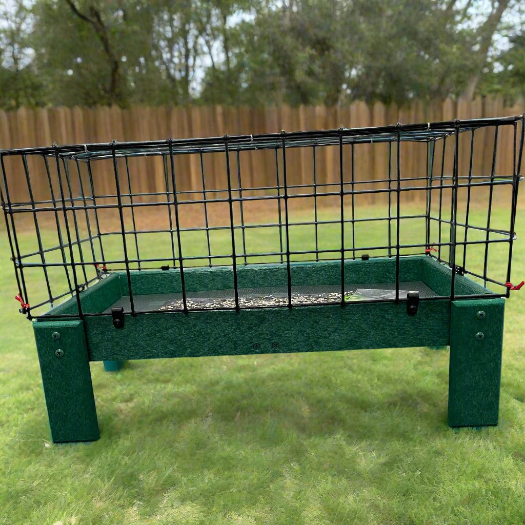 Green bird feeder with black wire cage