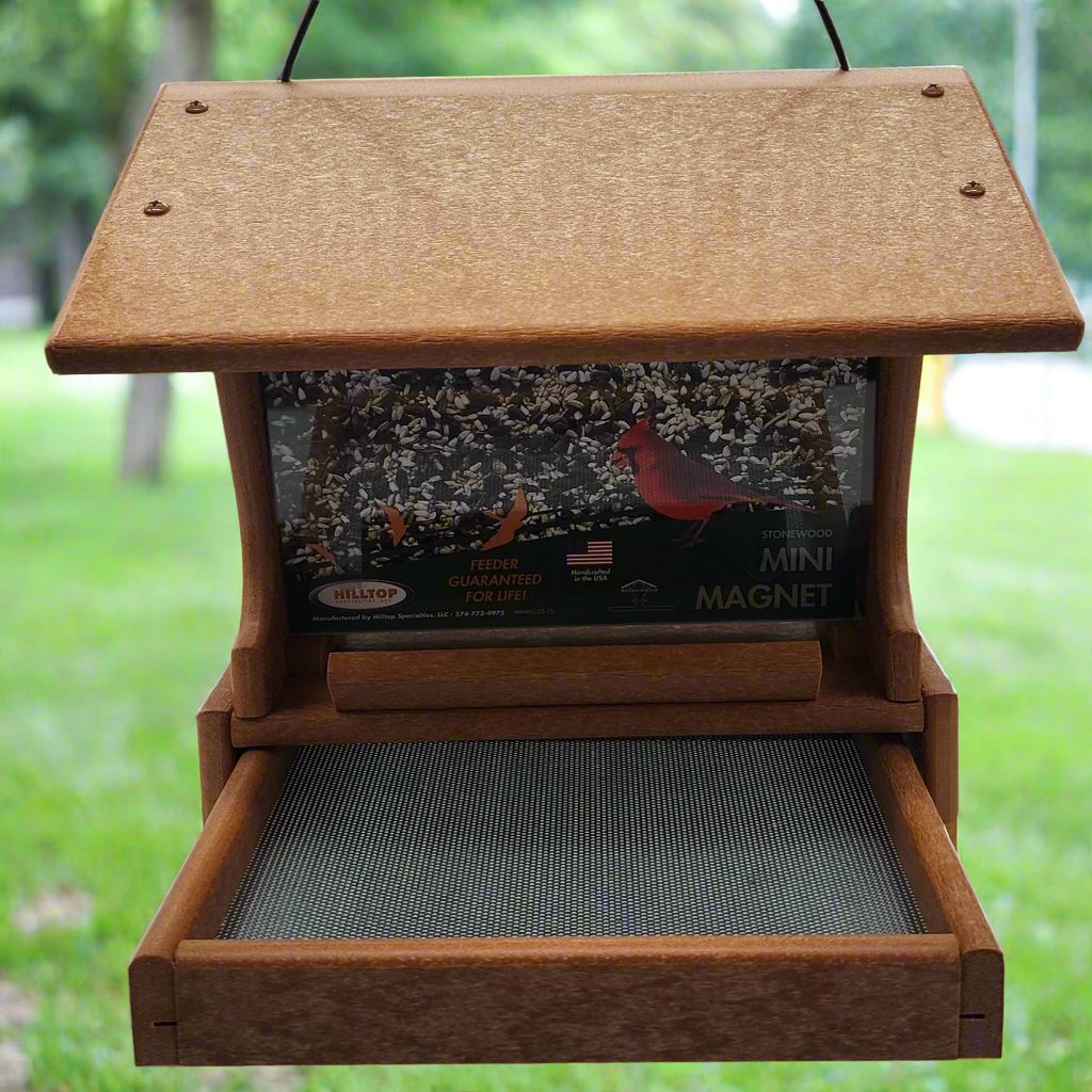 Tan bird feeder with black cables and silver screen tray
