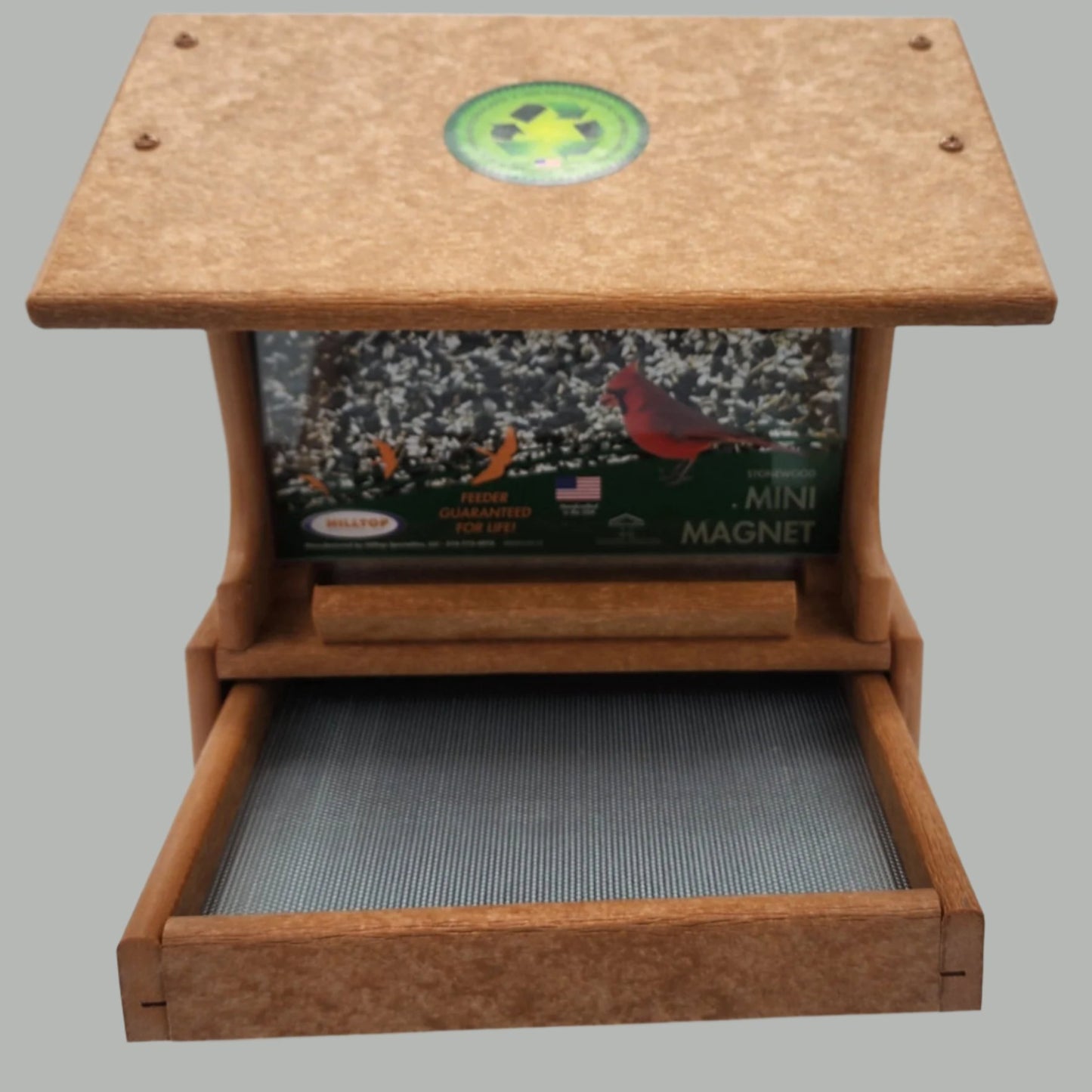 Tan bird feeder with silver screen tray