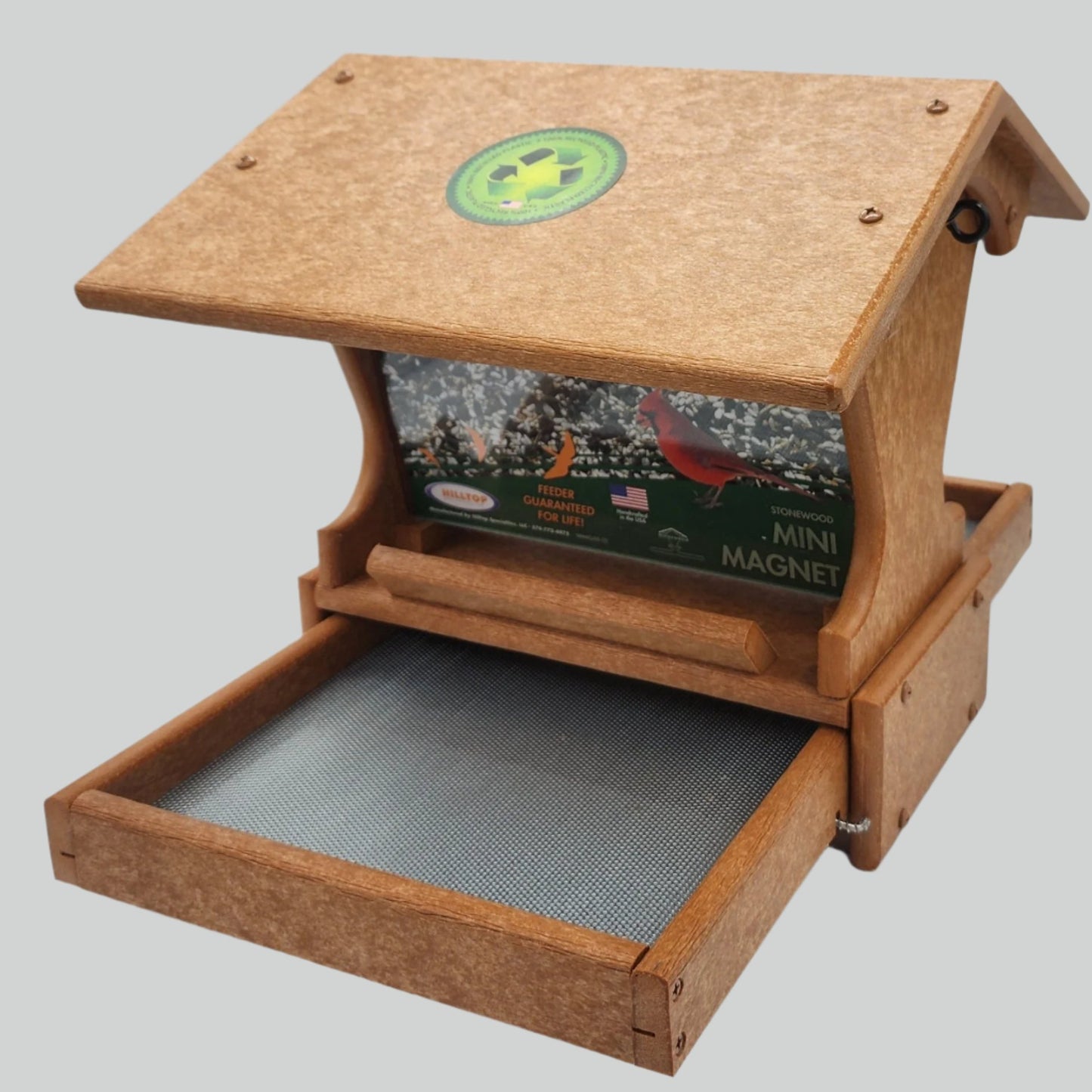 Tan bird feeder with silver screen tray