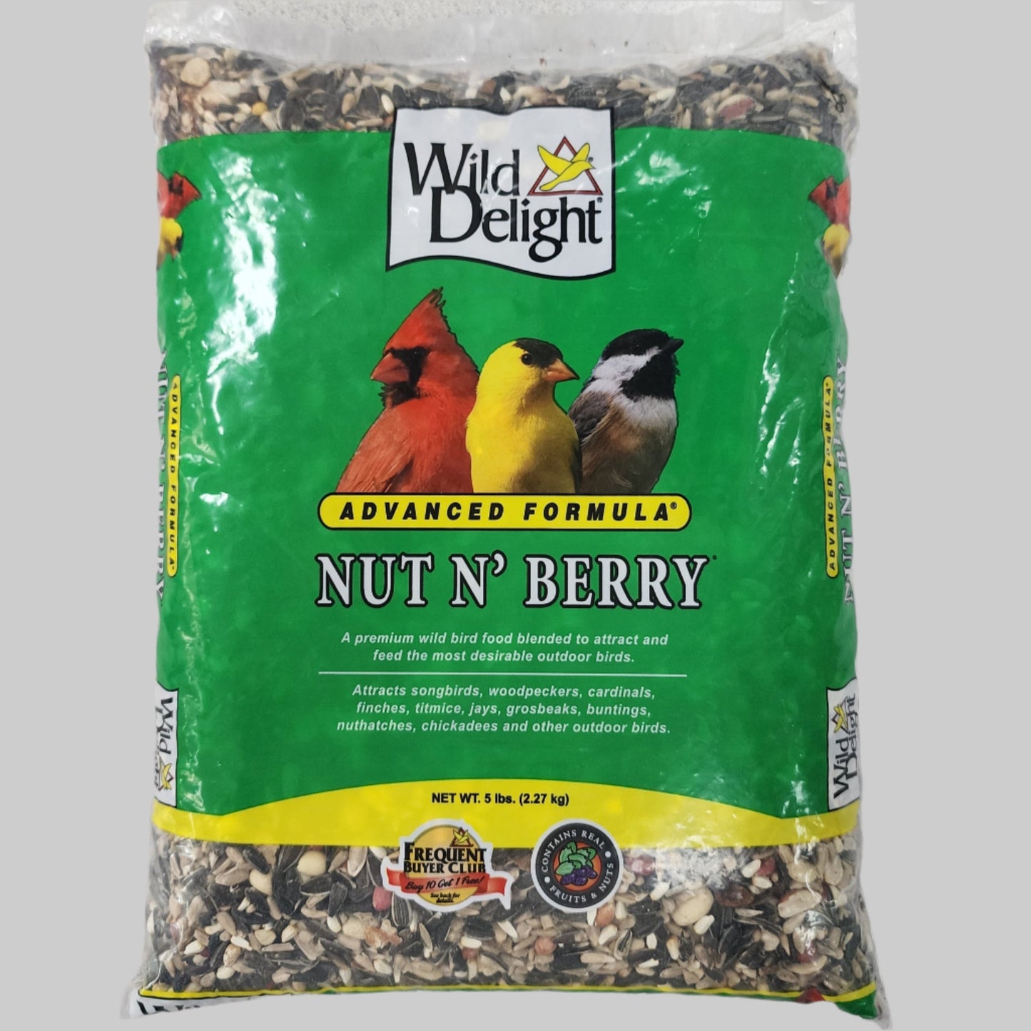 Bag of bird seed with Nut N' Berry on green label