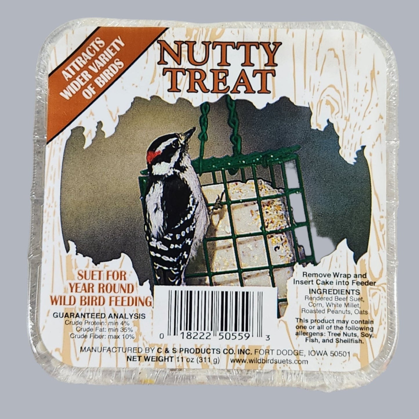 Nutty Treat suet cake with downy woodpecker on label