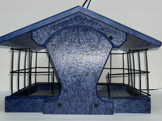 A blue bird feeder and black metal wire cage sides, shown on a white surface with a white backdrop.
