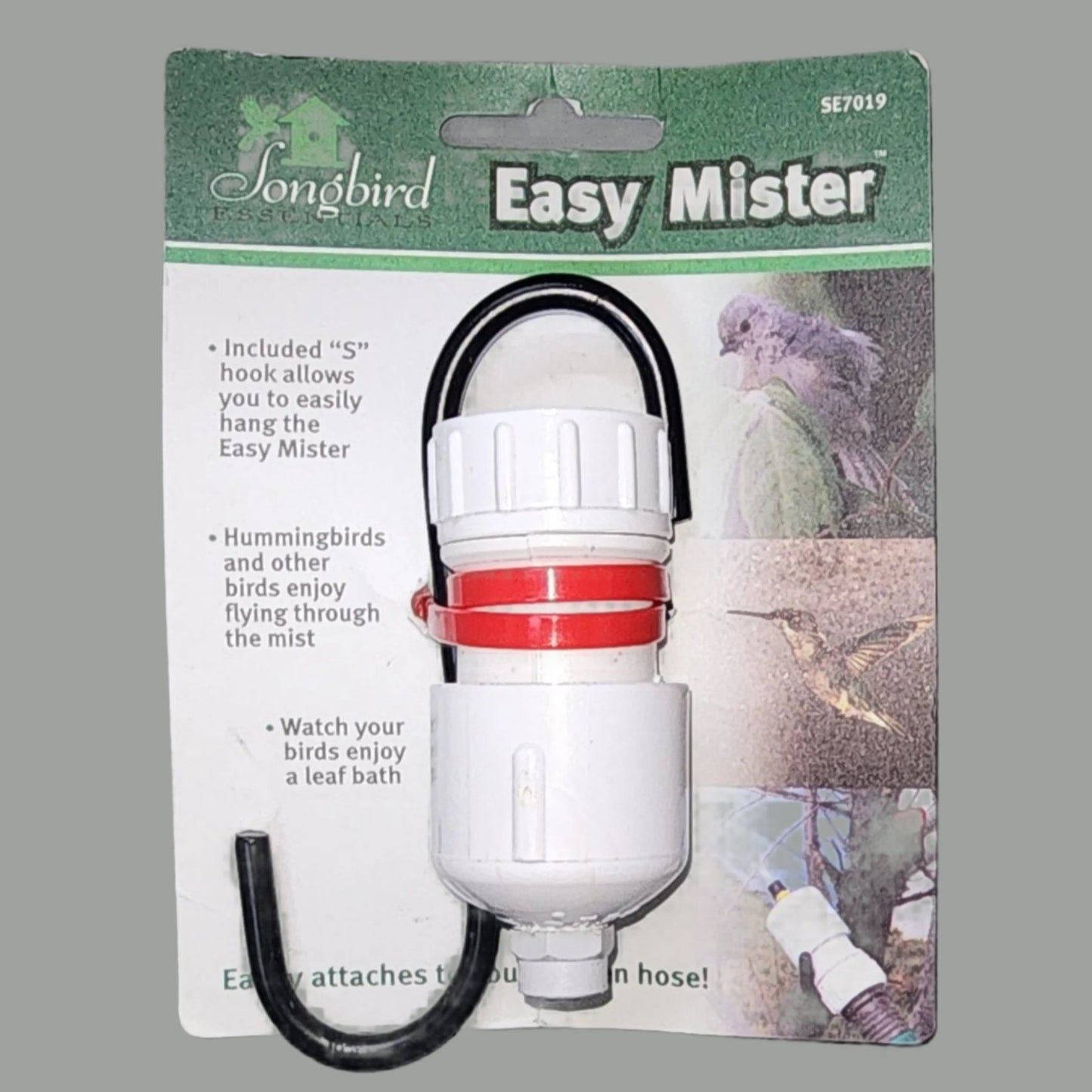 White hose attachment with black S hook on Easy Mister card