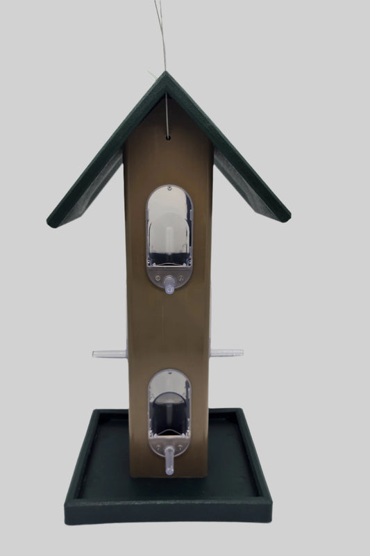 tan bird feeder with green roof and tray