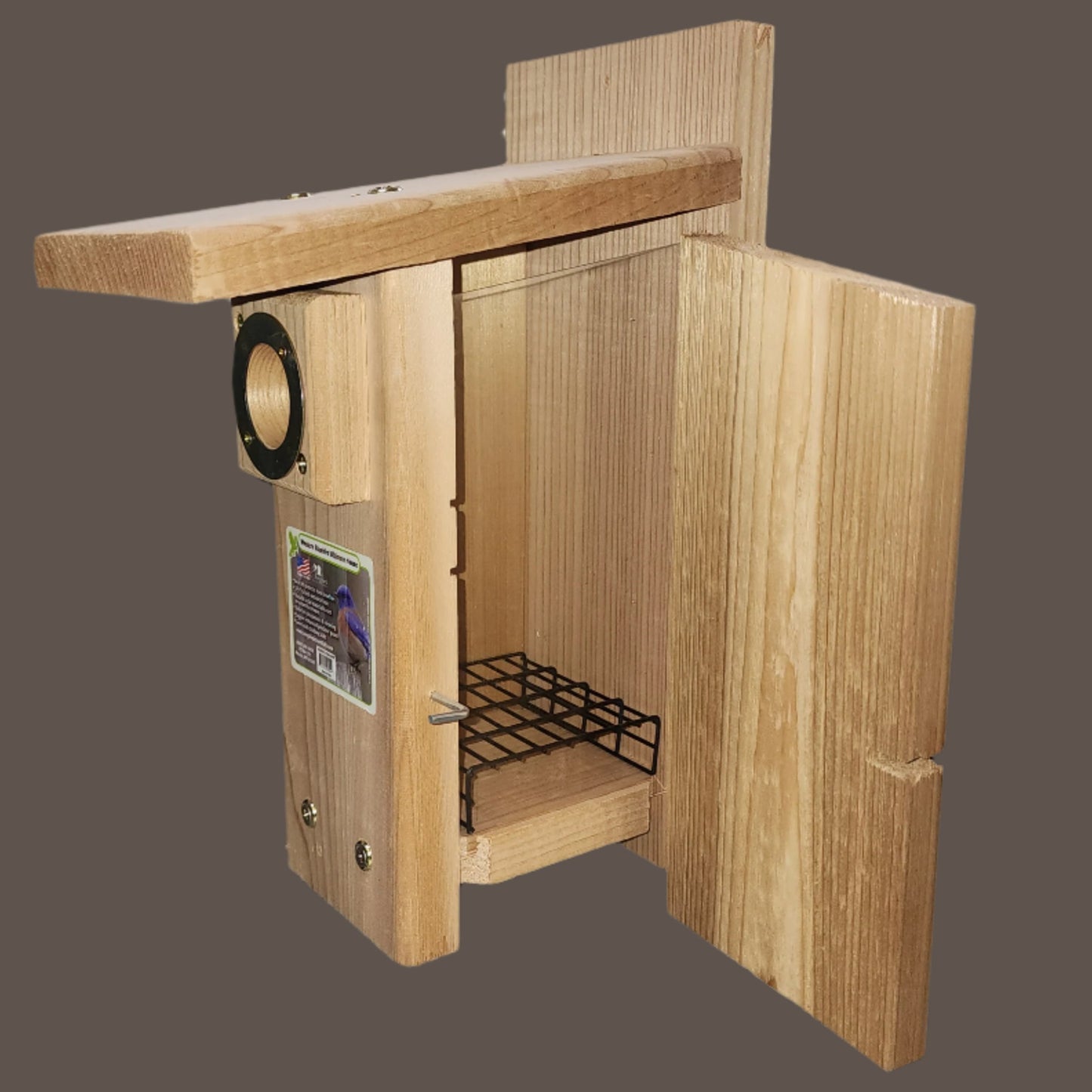 Wood bird house with side door open