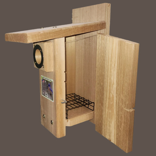 Wood bird house with side door open