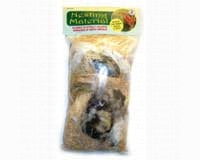 plastic bag with various nesting materials feathers, strings wool