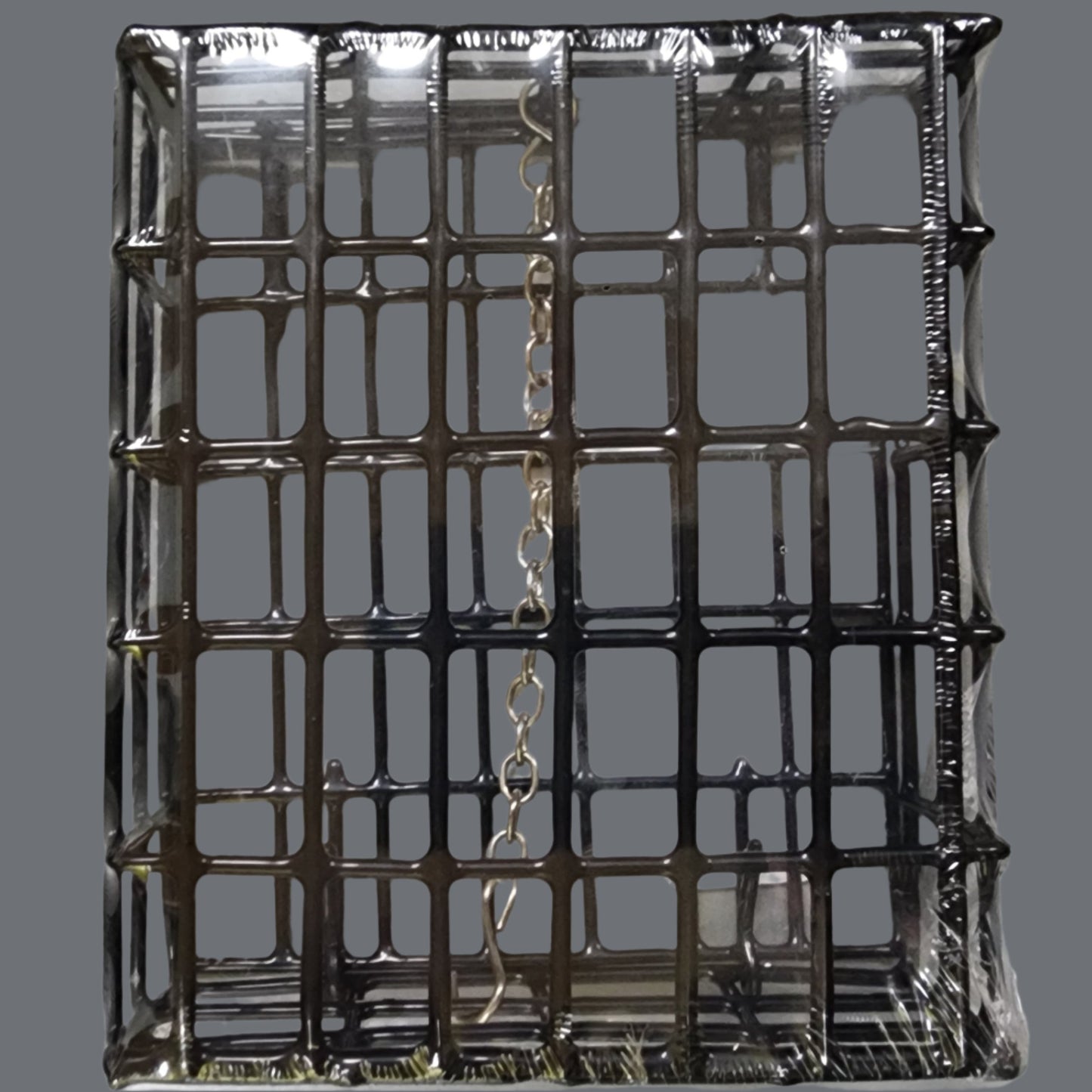 Coated black wire cage with silver hanging chain