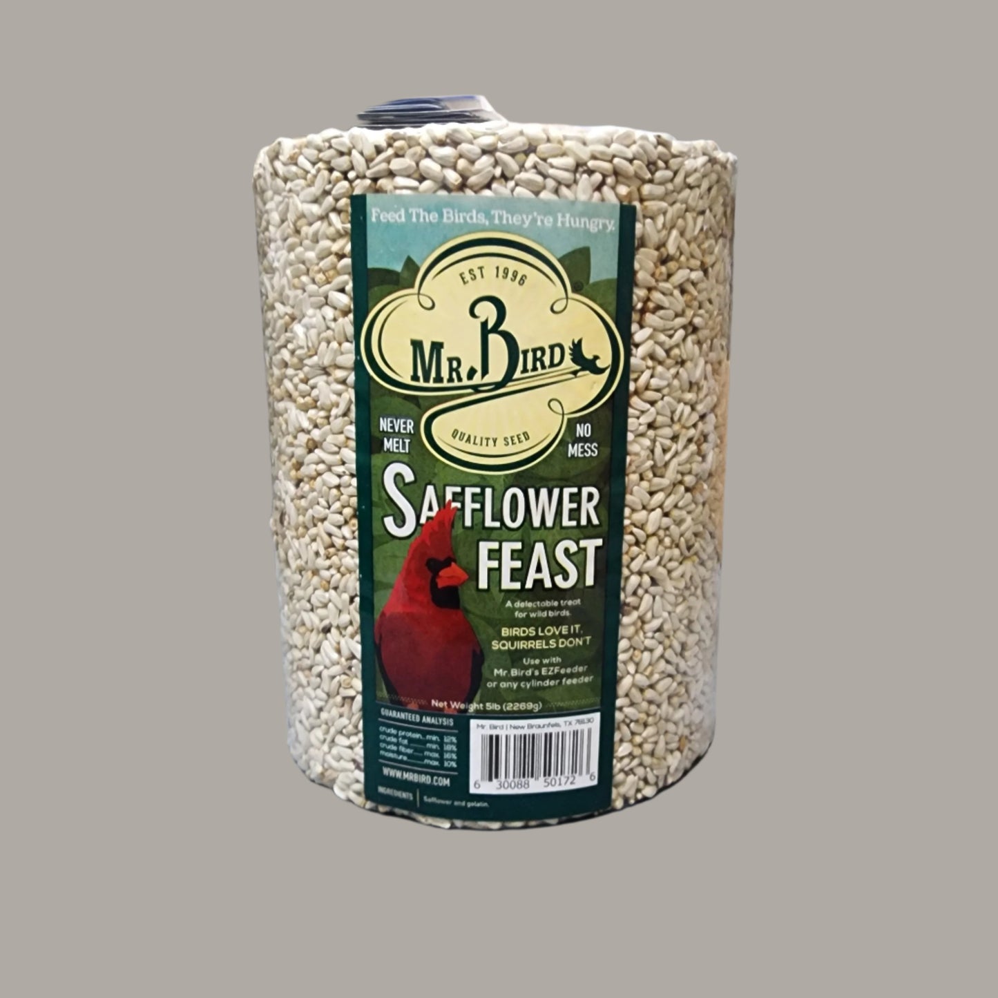 cylinder of safflower seed with Safflower Feast on label