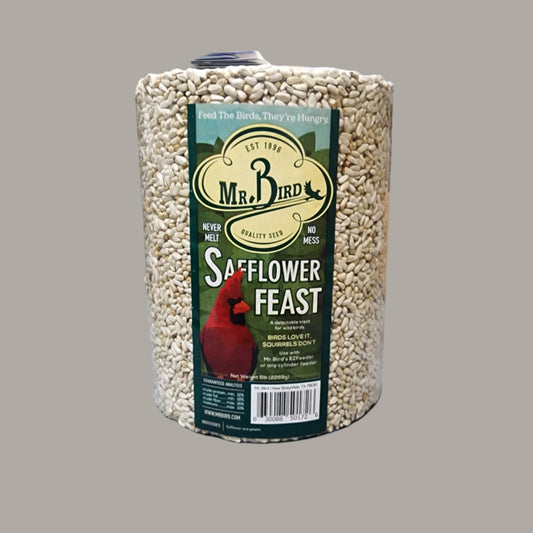 cylinder of safflower seed with Safflower Feast on label