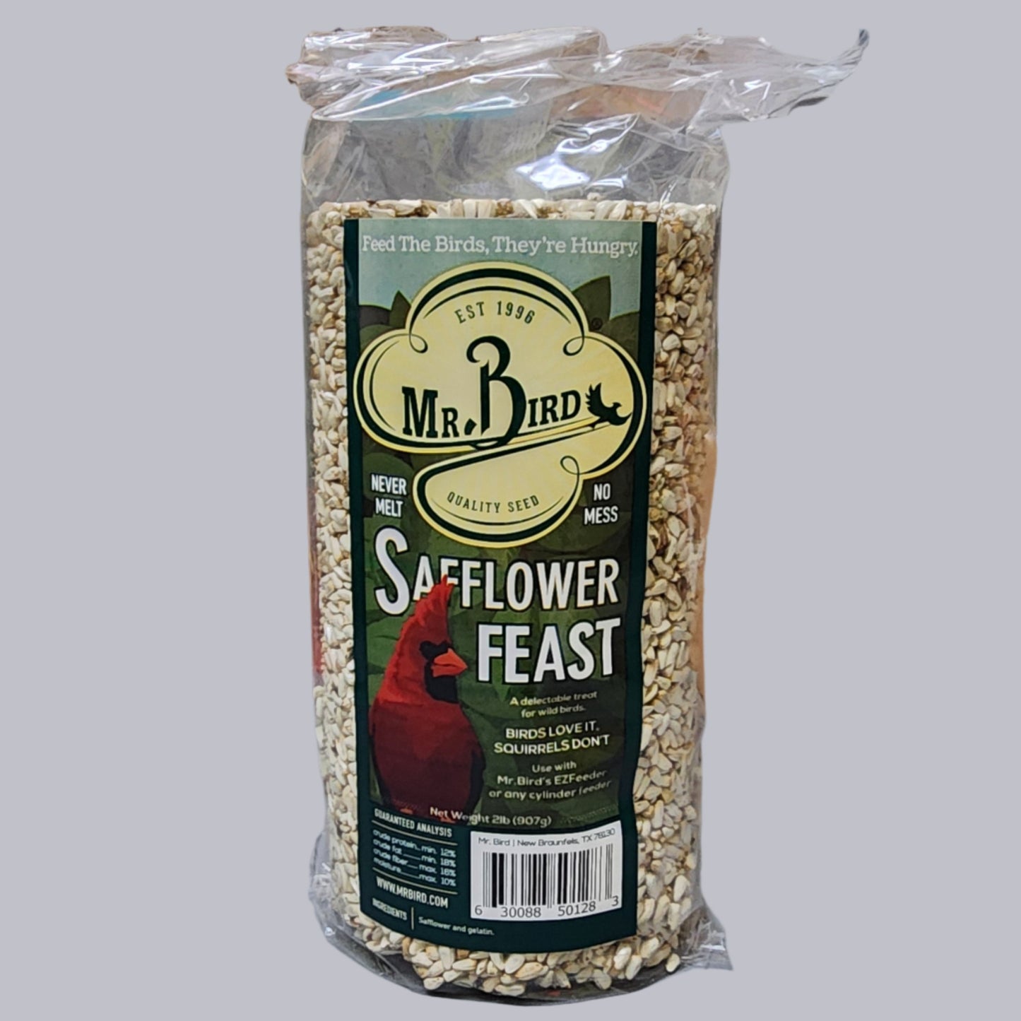 cylinder of safflower seed with Safflower Feast on label