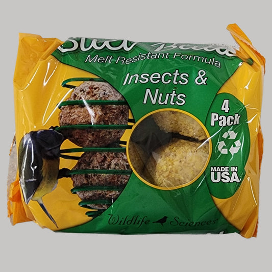 Green and yellow bag of 4 suet balls with Insect & Nut on label