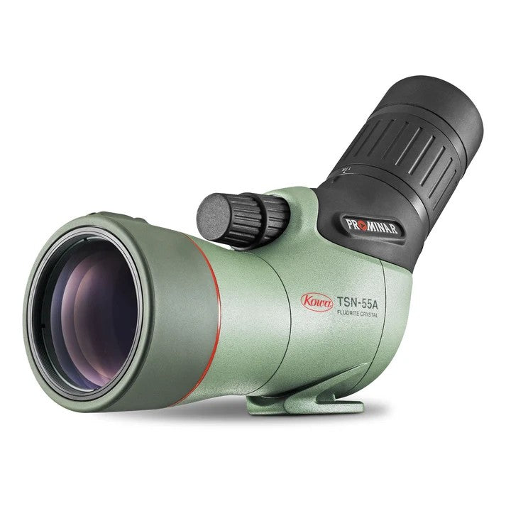 Green and black spotting scope with Kowa branding on a white background