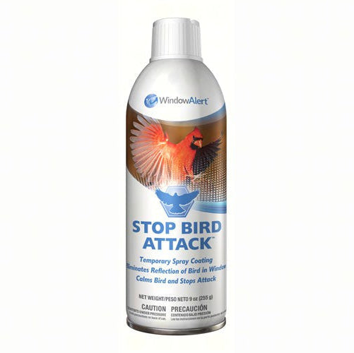 White spray can with Stop Bird Attack on label